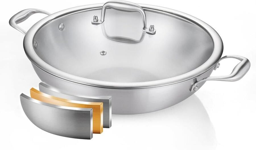 Wok Pan Koekenpan Diep Gelijkmatig Koken Tri-Ply Constructie 30 cm Zilverkleurig
