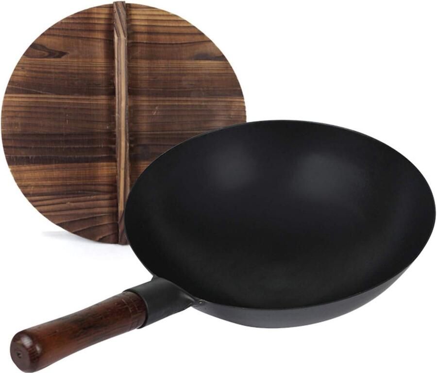 Wok Pan Koekenpan Gietijzer Gezond Koken Krasbestendig 36 cm Zwart