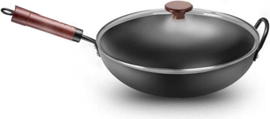 Wok Pan Koekenpan met deksel Aziatisch Koken Honingraatstructuur 34 Centimeter Zwart