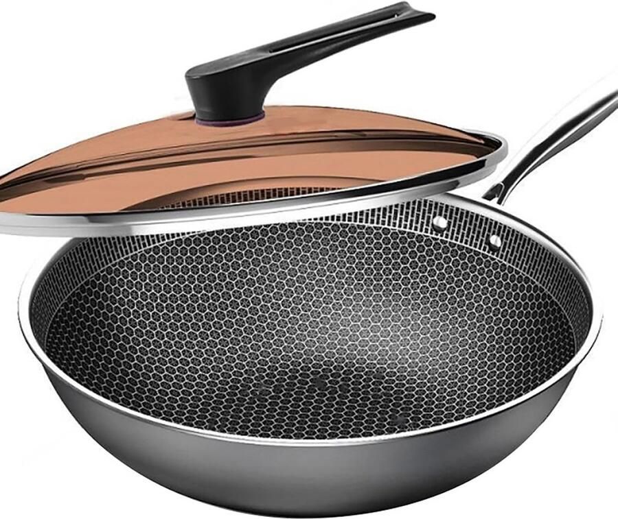 Wok Pan Koekenpan met Deksel Aziatisch Koken Snelle Warmteverdeling Niet Gespecificeerd Zwart
