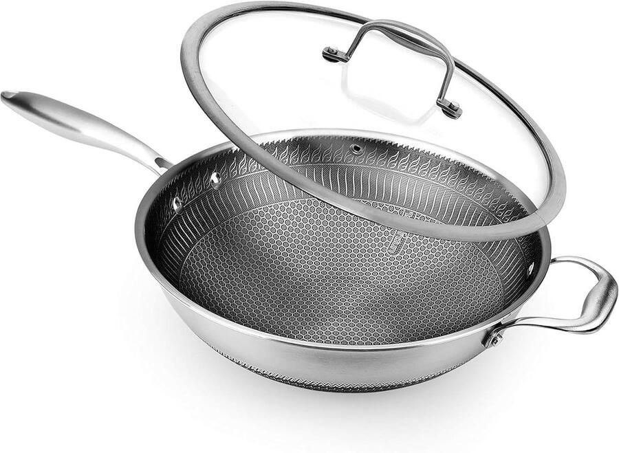 Wok Pan Koekenpan Roerbak Gezond Koken Krasbestendig Honingraatpatroon 30 cm Zilver