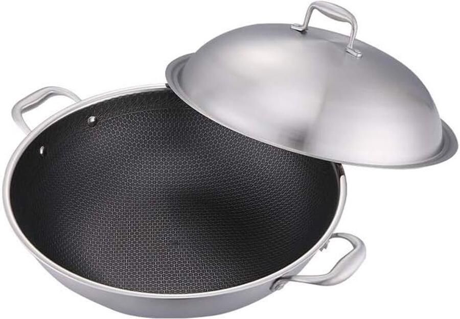 Wok Pan Koekenpan Roerbak Snel Koken Honingraat Structuur 33.8 x 32 x 9.5cm Zilver