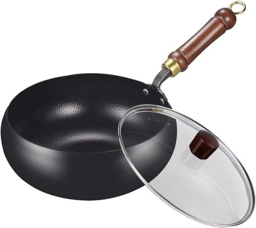Wok Pan Koekenpan Roerbak Thuis Koken Ambachtelijk Gemaakt 24 cm Zwart