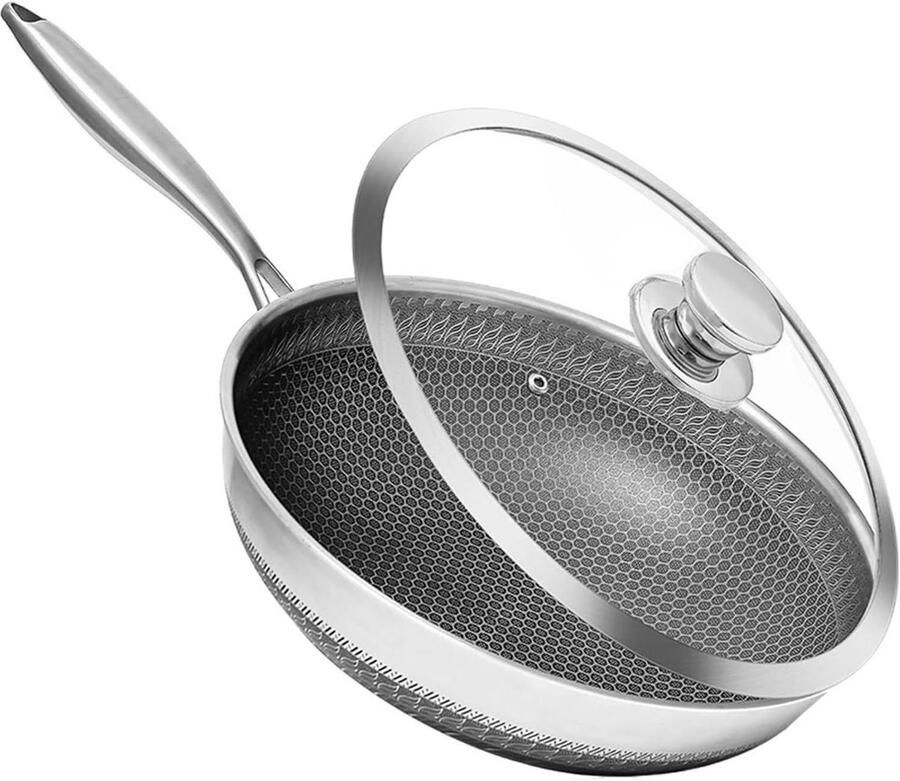 Roestvrijstalen Wokpan Koekenpan Sauteerpan Veelzijdig Koken Hybride Anti-aanbak 28 cm Zilverkleurig