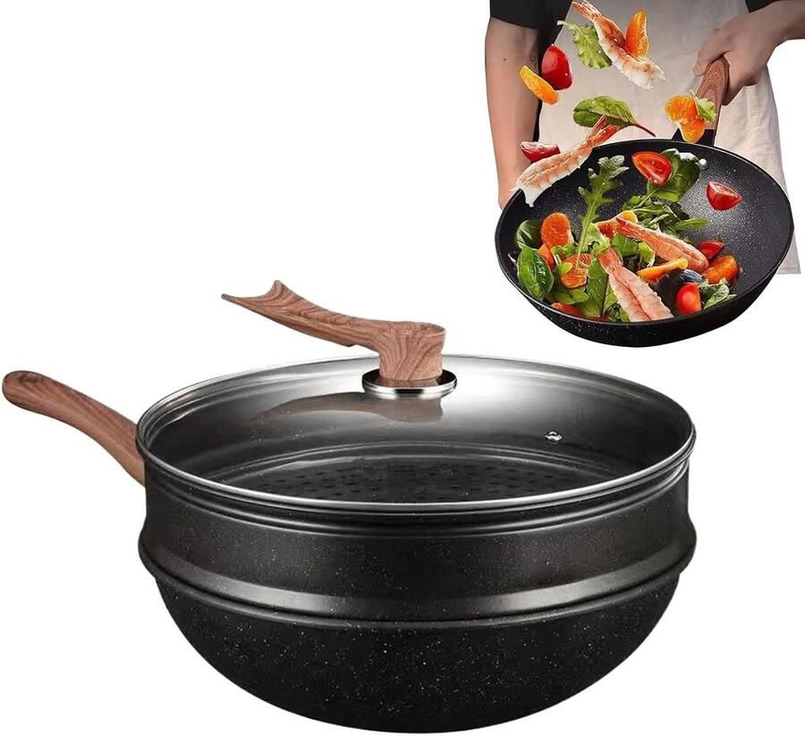 Wok Pan Koekenpan Wok Gezond Koken Marmeren Steen Coating 32 cm Zwart