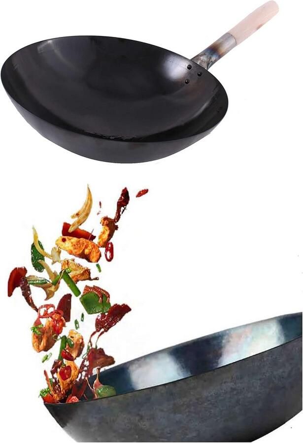 Wokpan Ronde Bodem Koolstofstaal Wok Aziatisch Koken Voorgebrand Direct Gebruik 30 cm Diameter Zwart - Foto 2