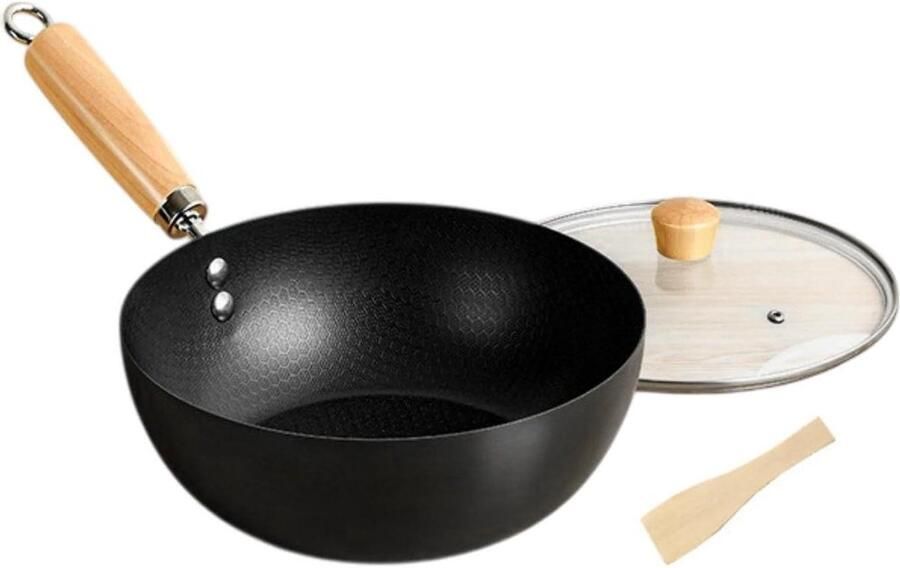 Wok Pan met Deksel Chinese Koekenpan Roerbakpan Koken en Bakken Gietijzeren Constructie 18 cm Zwart