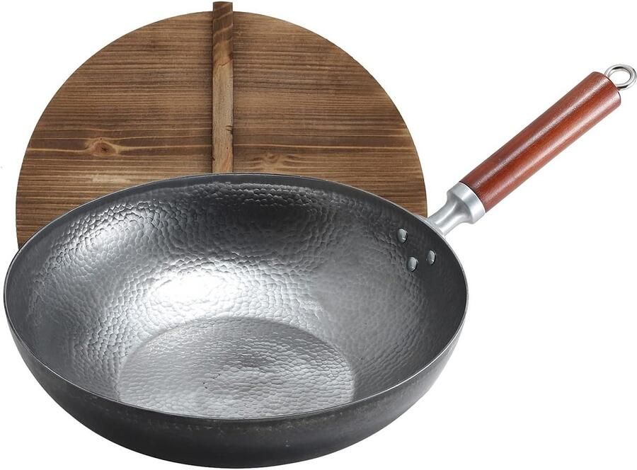 Wok Pan met Deksel Koekenpan Koekepan Aziatisch Koken Handgehamerd Carbon Staal 32 cm Diameter Zwart