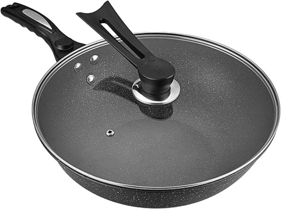 Wok Pan met Deksel Koekenpan Roerbak Gezond Koken Super Anti-aanbaklaag 32cm Zwart