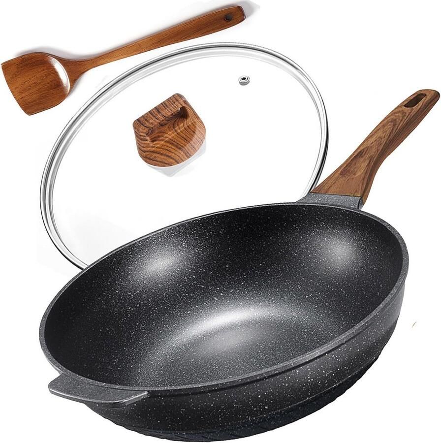 Wok Pan met Deksel Koekenpan Roerbakpan Snel Koken Graniten Anti-aanbaklaag 32 cm Zwart