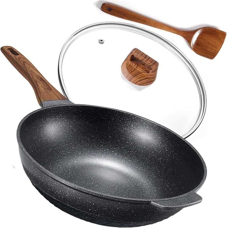 Wok Pan met Deksel Koekenpan Roerbakpan Snel Koken Graniten Anti-aanbaklaag 32 cm Zwart