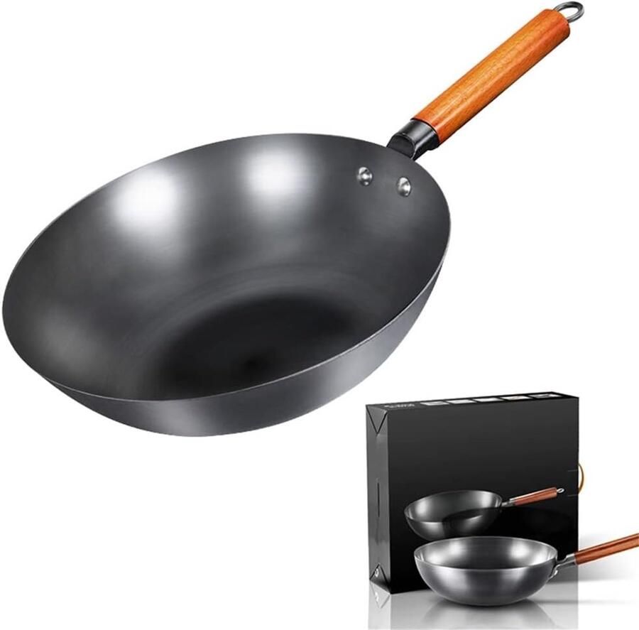 Wok Pan Oosterse Koekenpan Traditioneel Koken Handgemaakt IJzer 32 cm Zwart