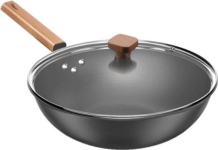 Wok Pan Oosterse Pan Aziatisch Koken Ongecoat IJzer 32 cm Zwart