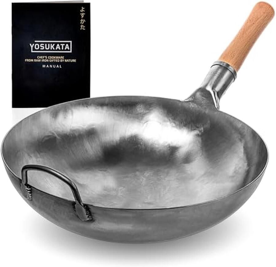 Wok Pan Roerbakpan Aziatisch Authentiek Koken Handgeslagen Carbon Staal 36 cm Zilver