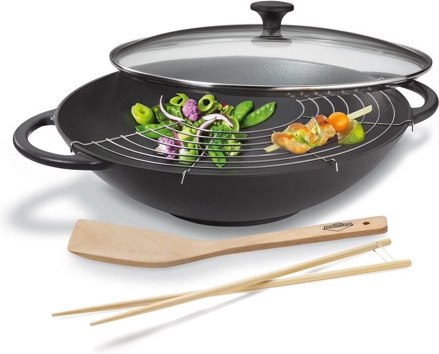 Wok Pan Roerbakpan Gietijzer Aziatisch Koken Geschikt voor Alle Vuren 36 cm Diameter Zwart