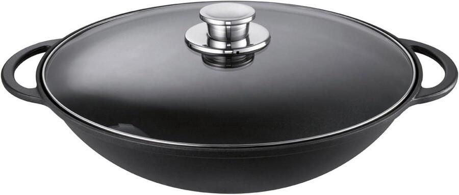 Wok Pan Roerbakpan Gietijzer Gezond Koken Geëmailleerd Gietijzer 36 cm Zwart