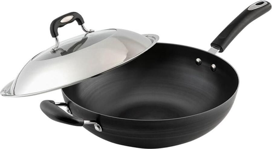 Wok Pan Roerbakpan IJzer Aziatisch Koken Snelle Warmteoverdracht 34CM Zwart