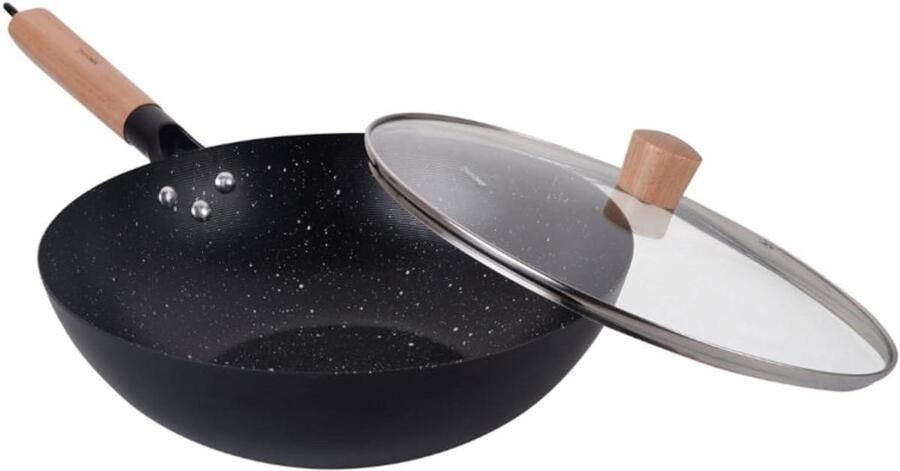Wok Pan Roerbakpan Koekenpan Aziatisch Koken Antiaanbaklaag Marmermotief 30 cm Zwart