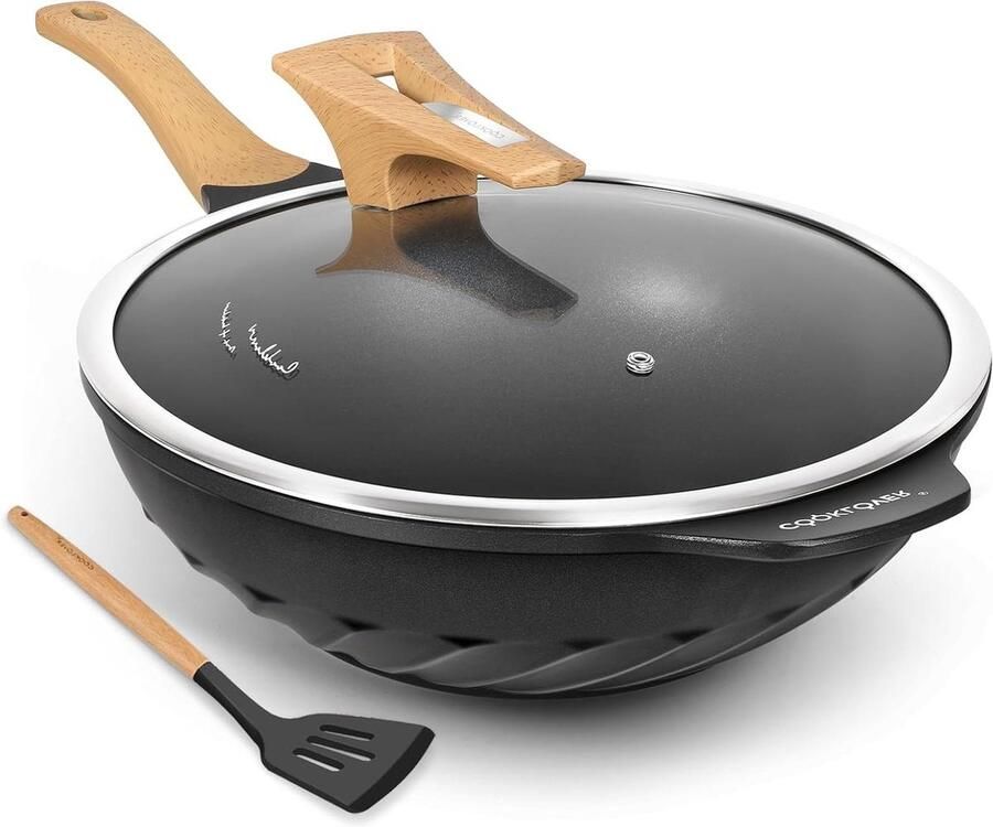 Wok Pan Roerbakpan Koekenpan Gezond Koken Gegoten Aluminium 32 cm Zwart