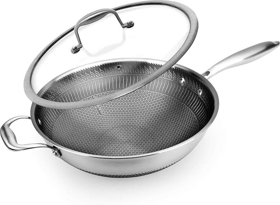 Wok Pan Roerbakpan Koekenpan Snel Koken Krasbestendig Honingraat 30cm Diameter Zilver