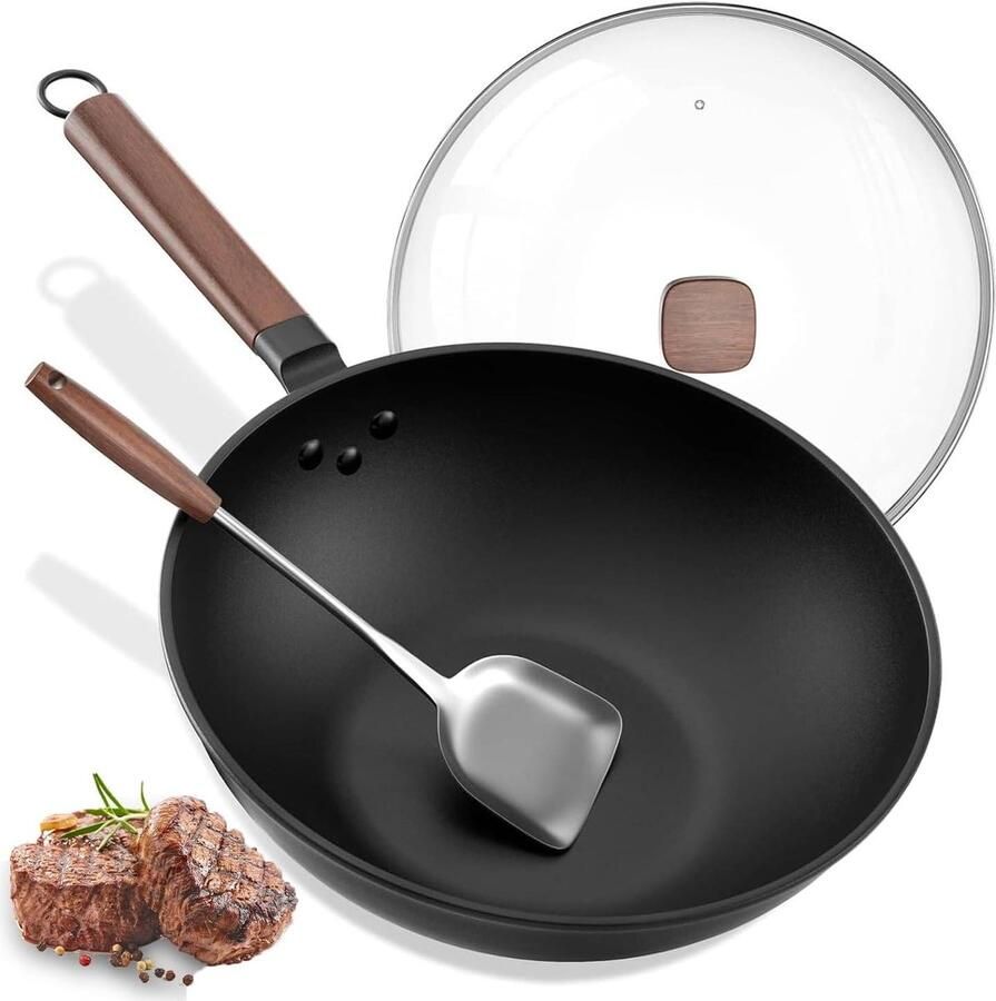 Wok Pan Roerbakpan met Deksel Authentiek Koken Vooraf Ingebrand 32cm 5.6L Zwart