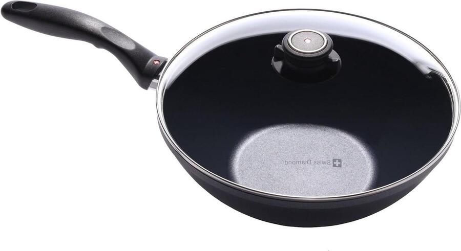 Wok Pan Roerbakpan met Deksel Aziatisch Koken Diamant Coating 28 cm Zwart