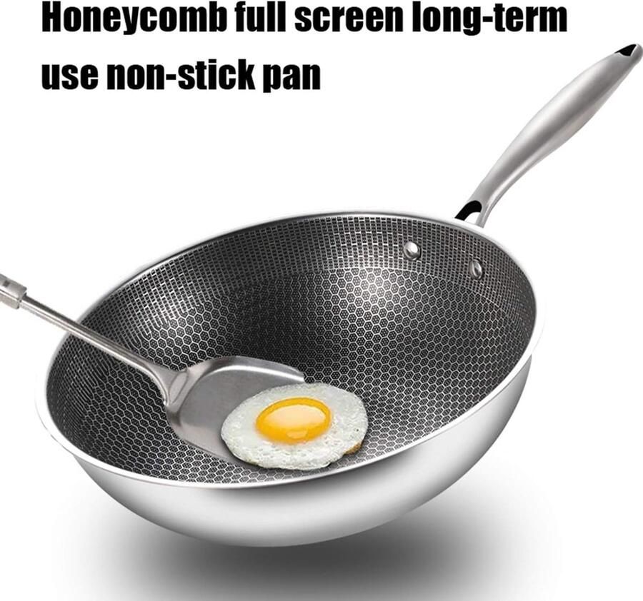 Honingraat Wokpan Roestvrijstaal Kookpan Dagelijks Koken Krasbestendig Ontwerp 34 cm Zilver