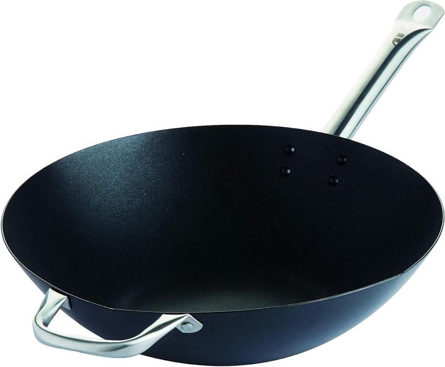 Wok Pan Wokpan Carbon Steel Professioneel Koken Excalibur Anti-aanbaklaag 36 cm Zwart