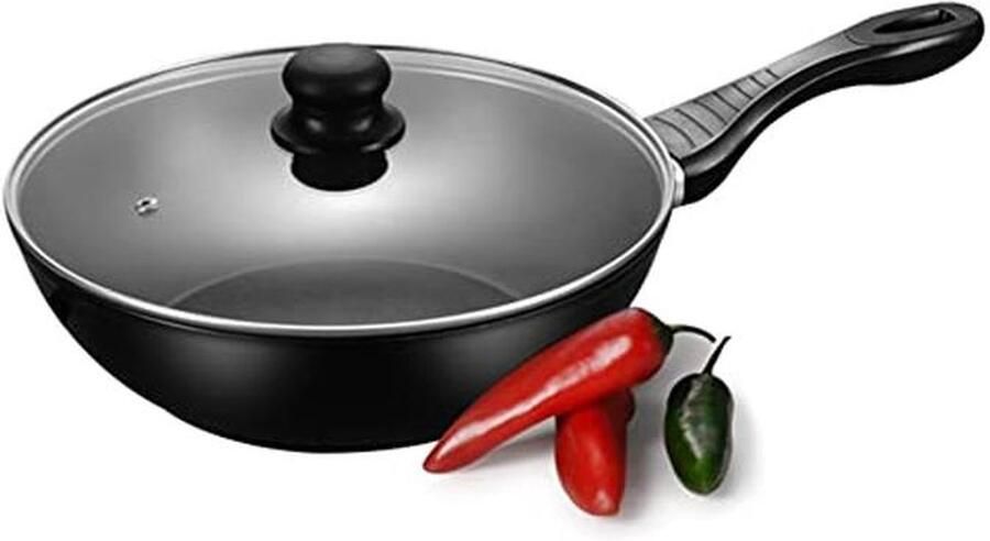 Wok Roerbakpan 28CM met Glazen Deksel Diepe Frituurpan voor Inductie en Alle Kachels PFOA-vrij en Krasbestendig