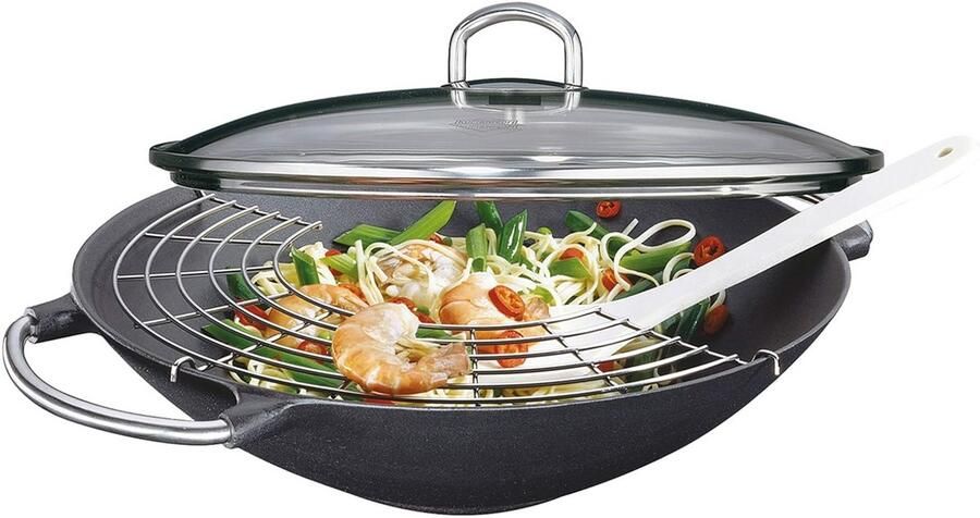 Wok Set 36 cm Gietijzer Geëmailleerd met Glazen Deksel Handgrepen en Houten Spatel Geschikt voor alle Warmtebronnen inclusief Inductie