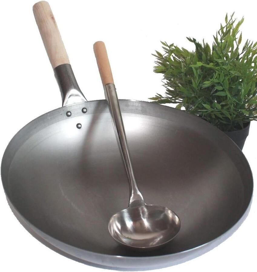 Wok Set 40 cm Ø met Woktroffel Koolstofstaal voor Gas- en Inductiekoken