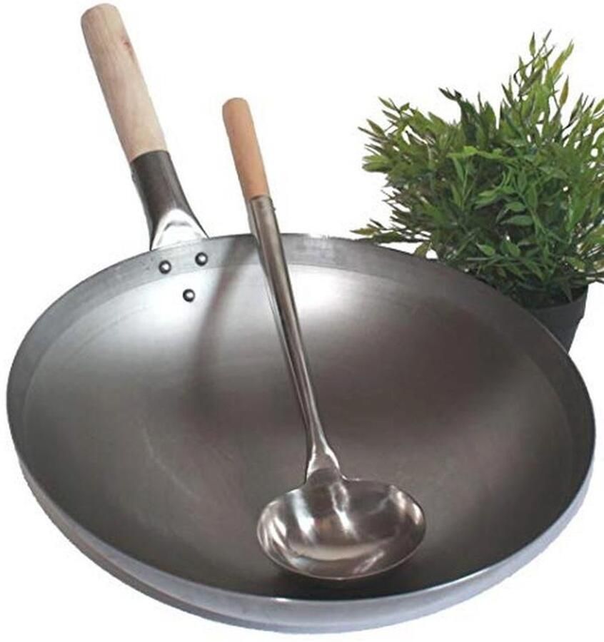 Wok Set 40 cm Ø met Woktroffel Koolstofstaal voor Gas- en Inductiekoken