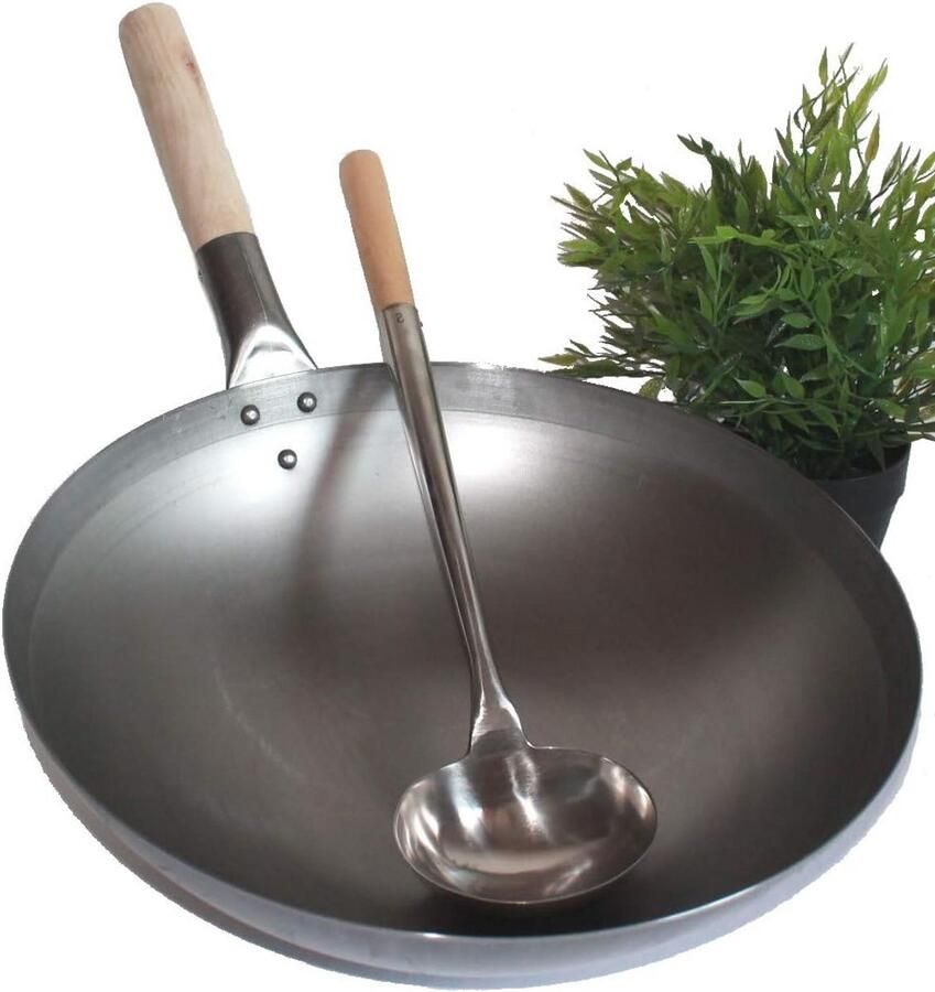 Wok Set Kookpan Aziatisch Koken Inclusief Wokspaan 36 cm Doorsnede Zwart