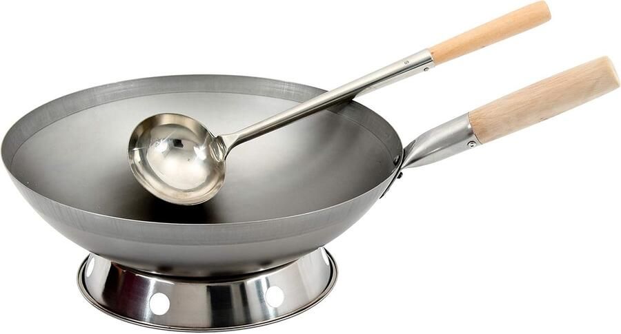 Wok Set Koolstofstaal Wokpan met Troffel Aziatisch Koken Ronde Bodem 40 cm Diameter Zwart