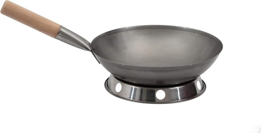 Wok set pan 30 cm Ø ronde bodem koolstofstaal voor gasfornuis en inductie pan + wok ring voor het neerzetten van de wok