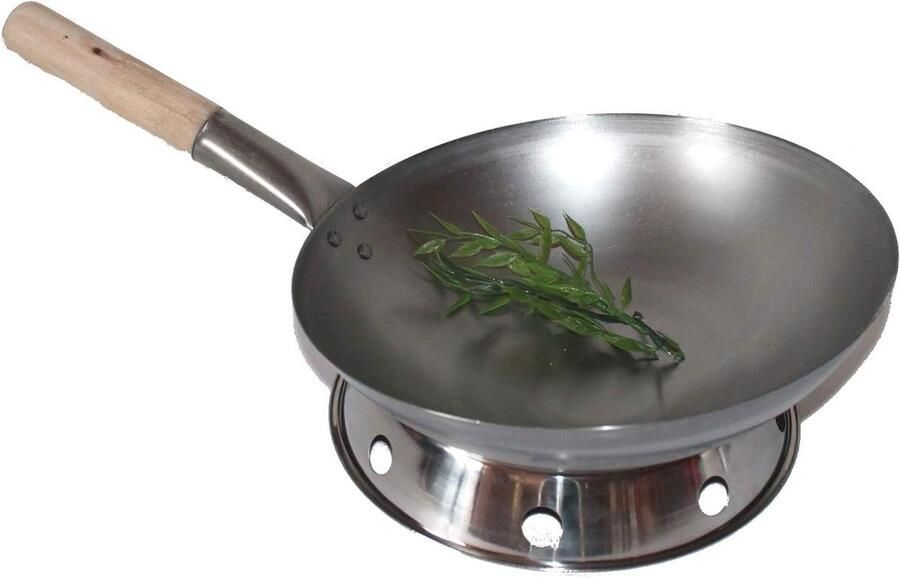 Wok Set Wokpan met Ring Aziatisch Koken Ronde Bodem Stabilisatie 36 cm Diameter Zilver