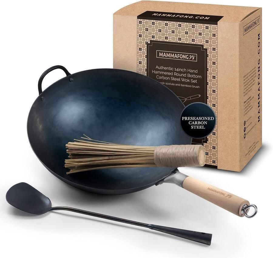 Wok Set Roerbakpan Aziatisch Koken Handgehamerd Koolstofstaal 36 cm Zwart