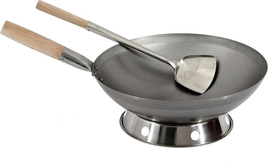 Wok Set Roerbakpan Aziatisch Koken Inclusief Spatel Ring 38 cm Diameter Zwart