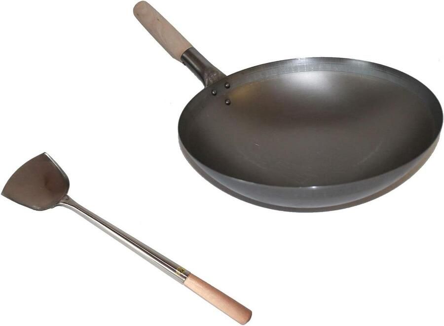 Wok Set Roerbakpan Aziatisch Koken Ronde Bodem Koolstofstaal 38 cm Ø Zwart
