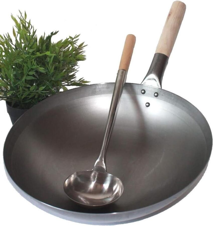 Wok Set Roerbakpan Aziatisch Koken Ronde Bodem 38 cm Ø Zwart