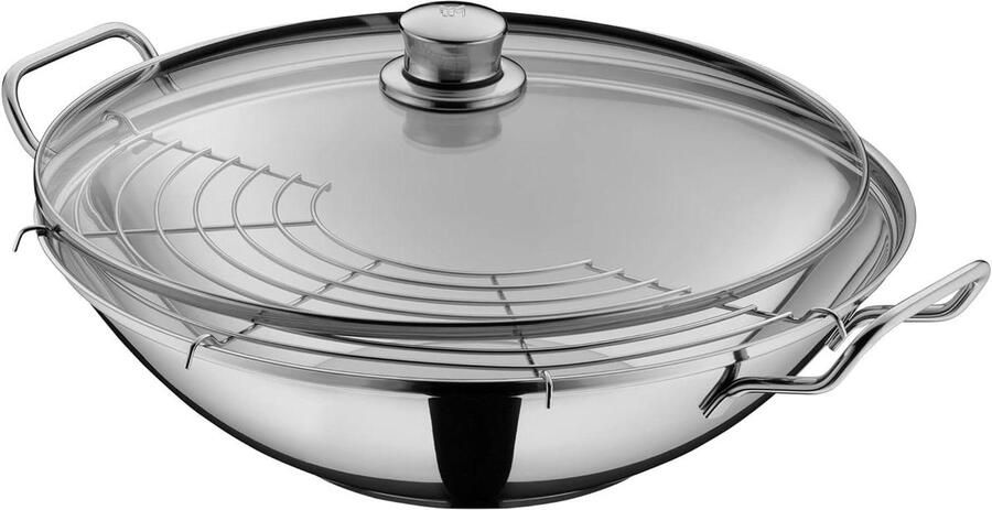 Wok Set Roerbakpan met deksel Aziatisch Koken TransTherm Universele Bodem 36 cm Zilver