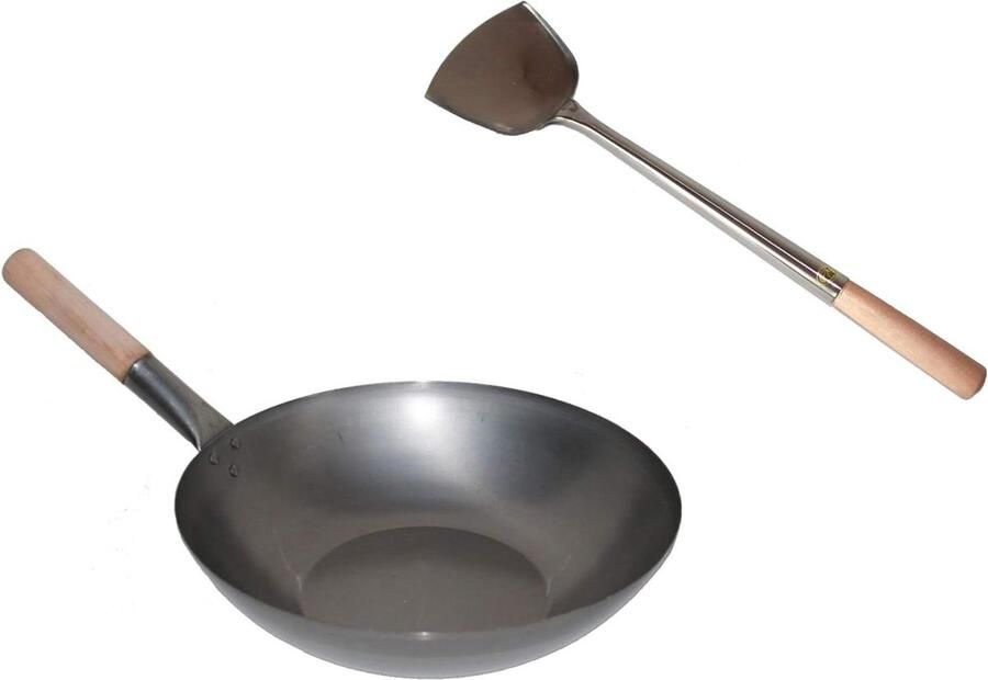 Wok Set Wok Pan Aziatisch Koken Vlakke Bodem 38 cm Diameter Zwart