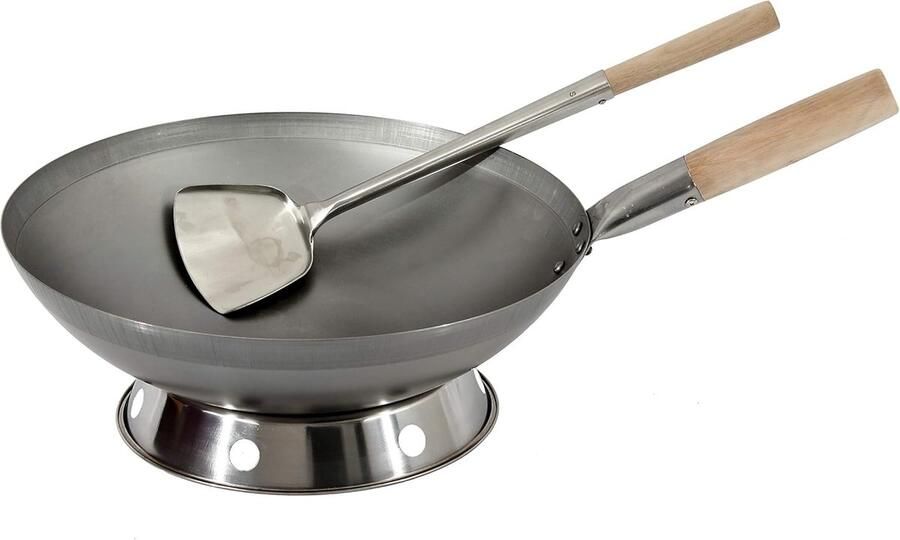 Wok Set Wokpan met Spatel Aziatisch Koken Koolstofstaal Pan 35 cm Ø Roestvrij Staal