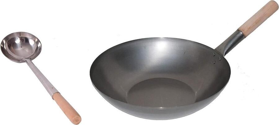 Wok Set Wokpan met spatel Aziatisch Koken Platte bodem 30 cm Zilver