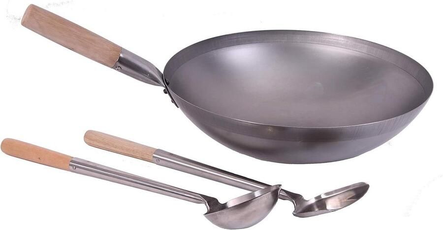 Wok set Wokpan met toebehoren Aziatisch koken Rondbodem koolstofstaal 35 cm Zwart