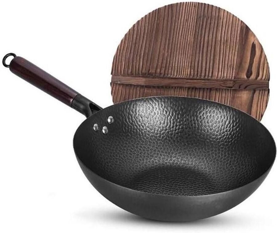 Wok Smeedijzer Ouderwetse Wok Pan Koken op Inductie Handgemaakt Visschaalontwerp 32 cm Zwart