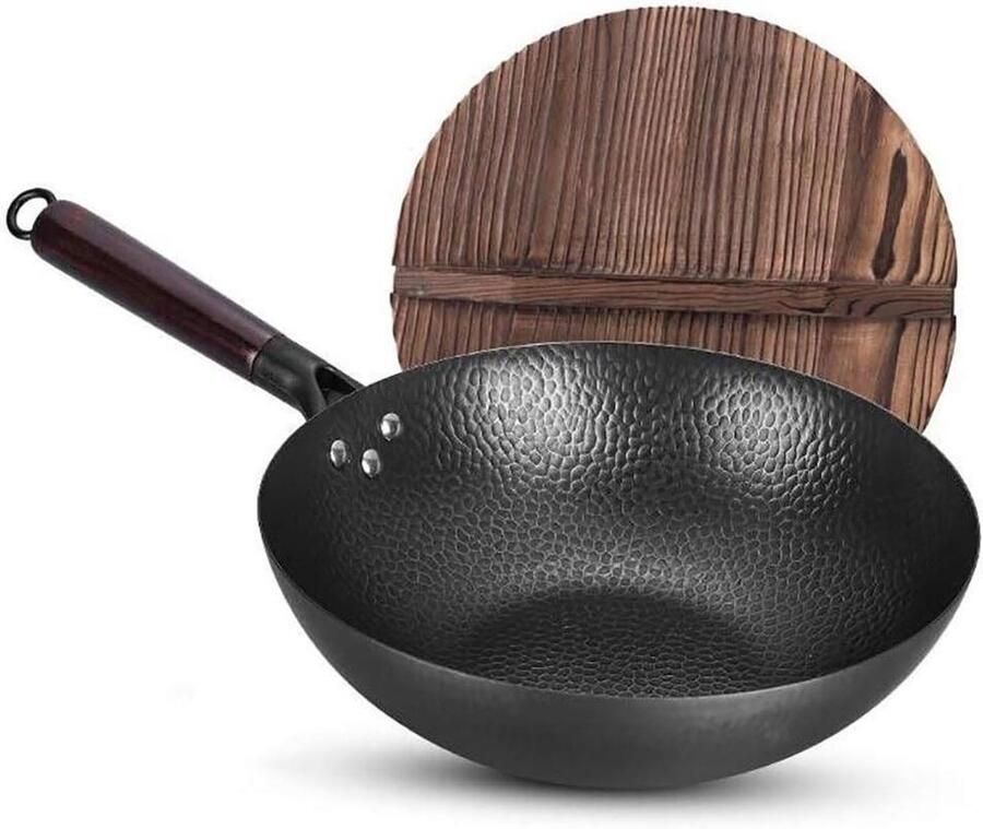 Wok Smeedijzer Ouderwetse Wok Pan Koken op Inductie Handgemaakt Visschaalontwerp 32 cm Zwart
