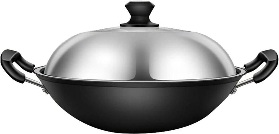 Gietijzeren Wok Grote Braadpan Koken en Braden Natuurlijke Anti-aanbaklaag 48 cm Zwart