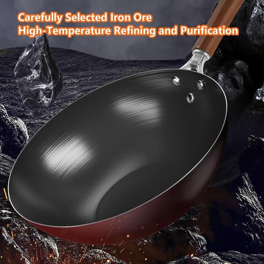 Wok van ijzer Koekenpan Snel koken Platte bodem 32 cm Zwart