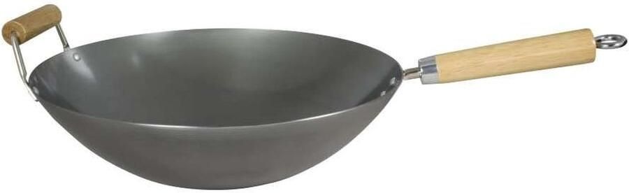 Wok Van Koolstofstaal Koekenpan Aziatisch Koken Dikwandig Ontwerp 34 cm Zwart